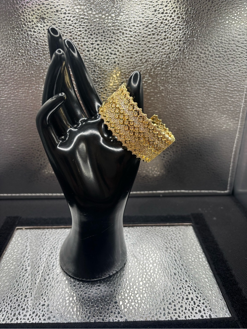 Gold Crystal Pave Wide Cuff Bracelet - Women Jewelry - Picture 6 of 6